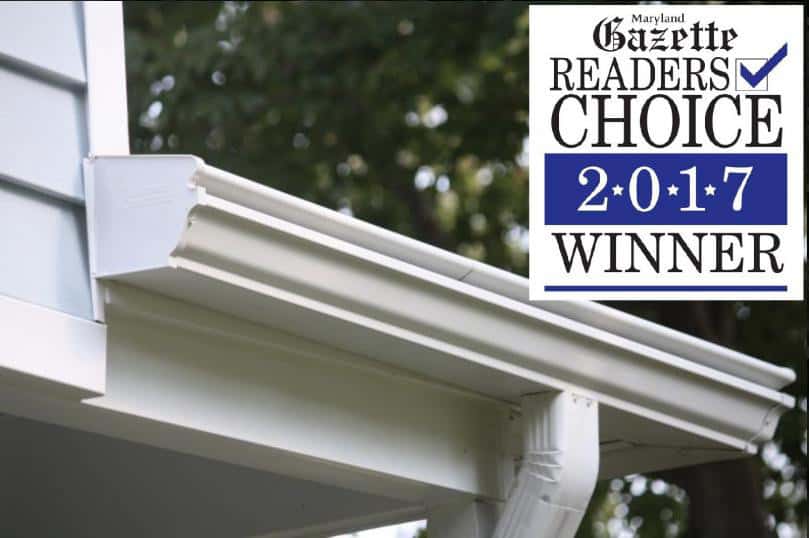 close up of thompson creek gutters with 2017 maryland gazette reader's choice award logo