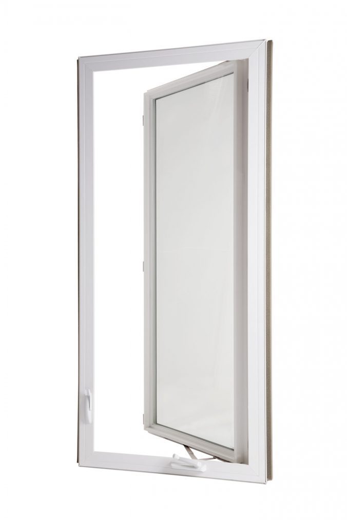 an open casement window with white vinly