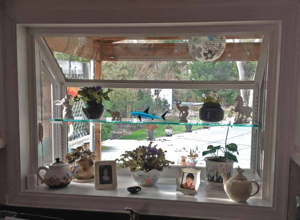 window with shelves showing pictures and animal ornaments