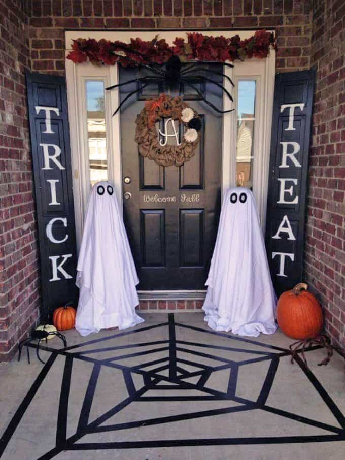 Black door decorated for Halloween