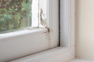 Close view of window wood rot damage