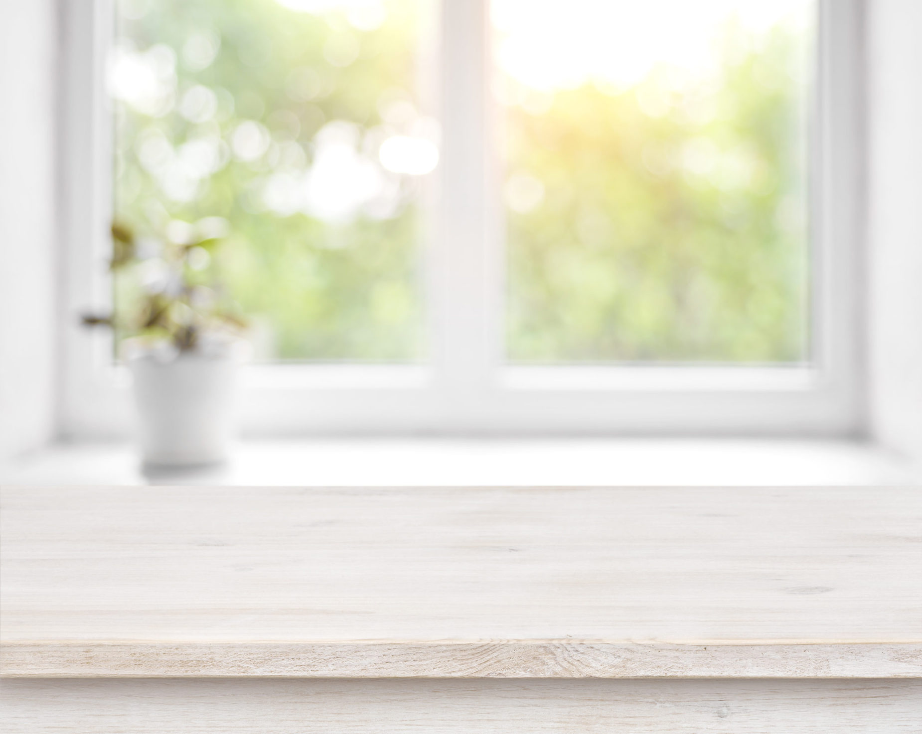 Wooden,Table,On,Defocused,Summer,Window,With,Flower,Pot,Background