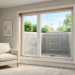 Interior view of a bright, finished basement featuring a white vinyl egress window that overlooks a clean concrete window well with a safety ladder and gravel drainage.