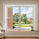 Interior view looking out of a modern, white vinyl double-hung window installed in a red brick home, showcasing a peaceful suburban backyard with a green lawn, mature trees, and soft blue skies with light clouds.