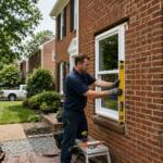 Thompson Creek technician installing a double-pane replacement window in a brick colonial home in Maryland