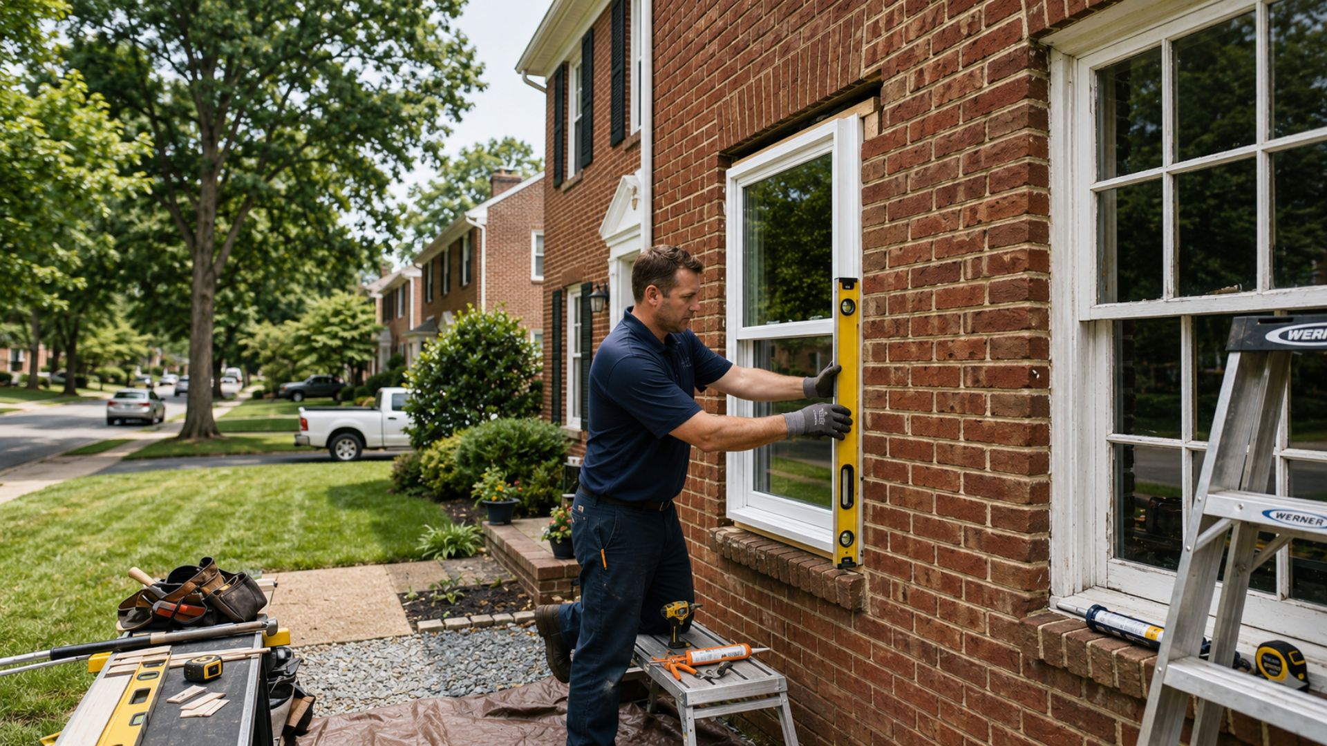 Thompson Creek technician installing a double-pane replacement window in a brick colonial home in Maryland