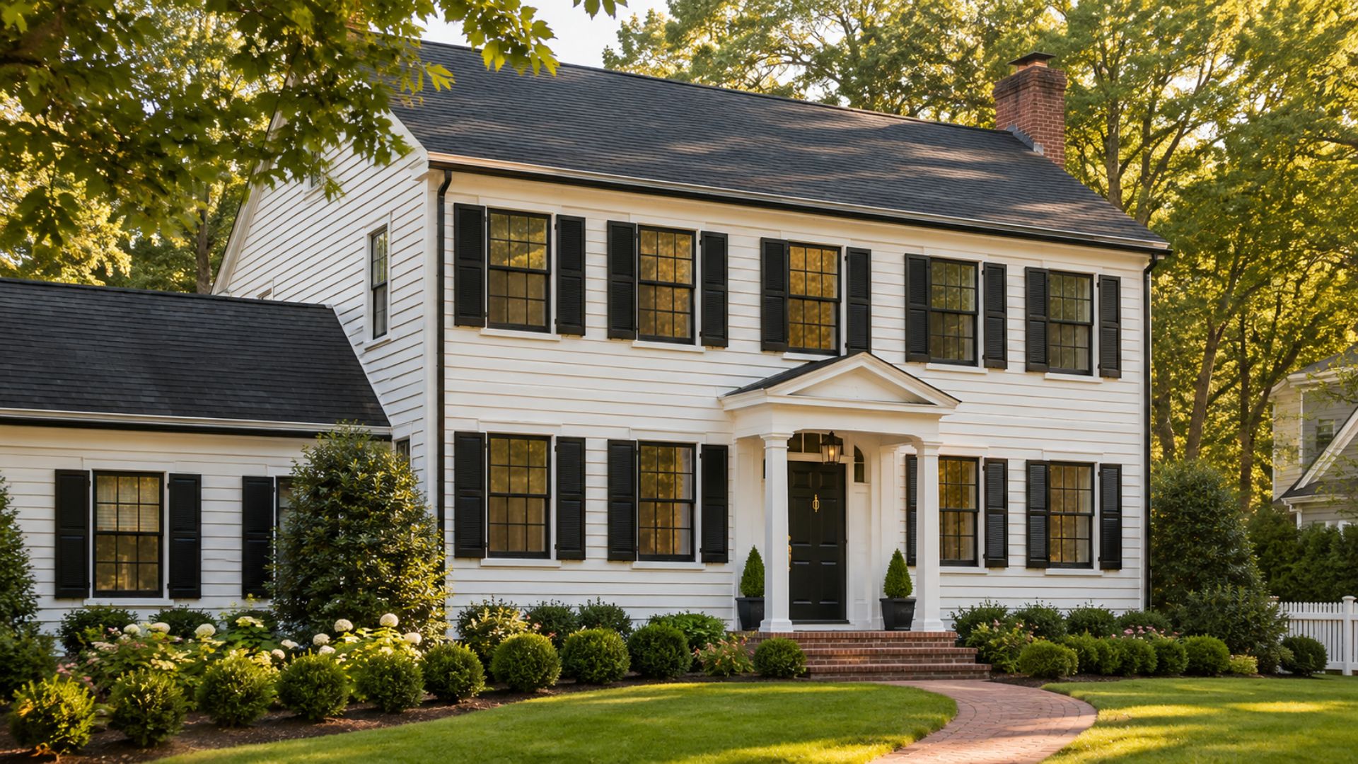 Thompson Creek black window frames on a Mid-Atlantic colonial home exterior