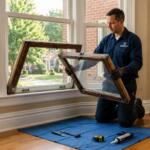 Thompson Creek installer removing old window sash during a residential replacement project in the Mid-Atlantic