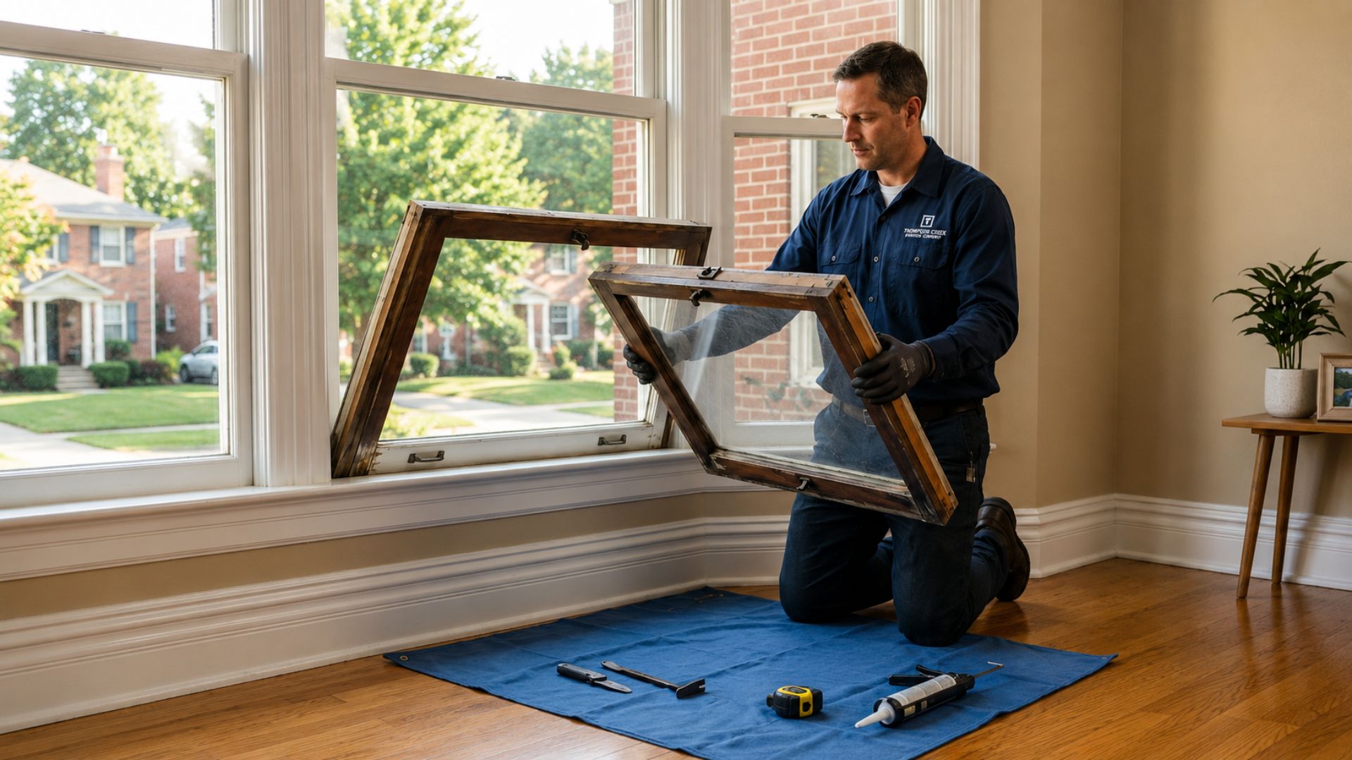 Thompson Creek installer removing old window sash during a residential replacement project in the Mid-Atlantic