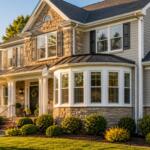 Large Mid-Atlantic suburban home with a prominent five-lite bow window, stone-and-siding exterior, manicured landscaping, and warm golden-hour sunlight highlighting the curved window projection.