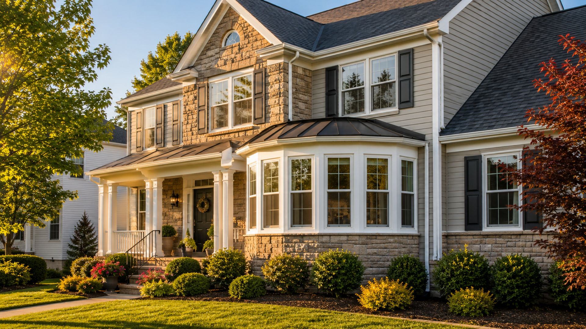 Large Mid-Atlantic suburban home with a prominent five-lite bow window, stone-and-siding exterior, manicured landscaping, and warm golden-hour sunlight highlighting the curved window projection.