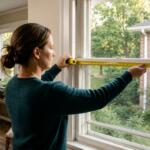 Homeowner measuring a double-hung window opening with a metal tape measure for replacement