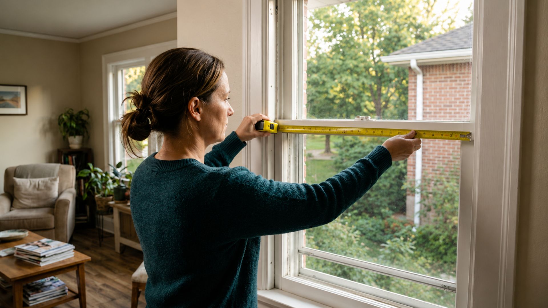 Homeowner measuring a double-hung window opening with a metal tape measure for replacement